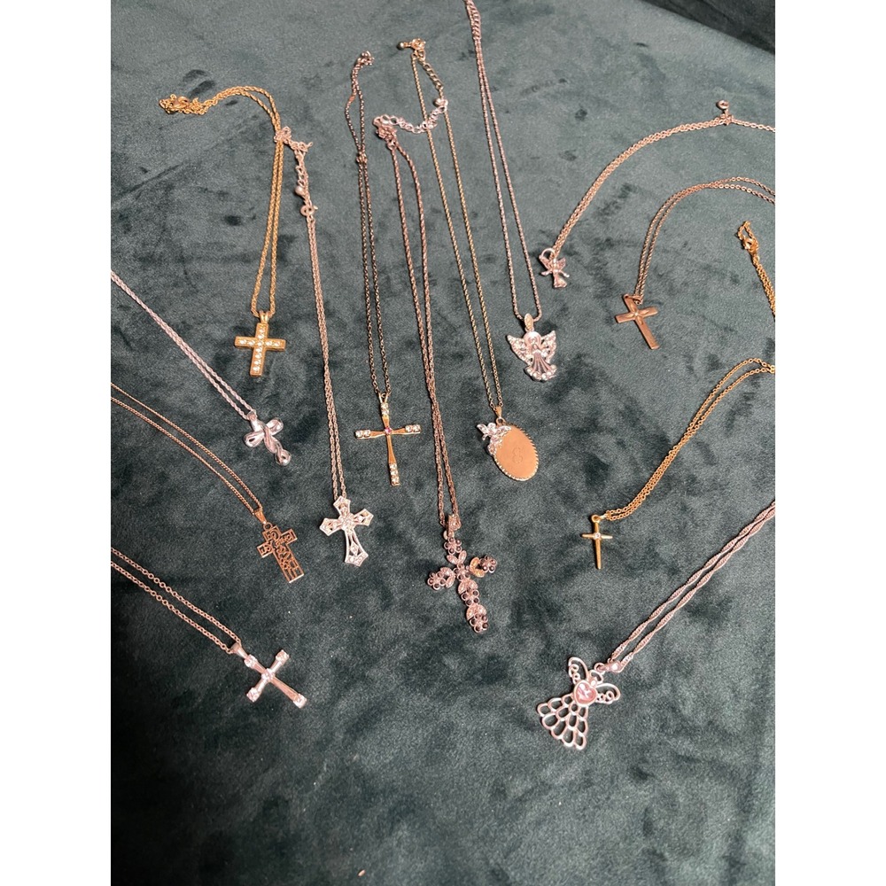 Lot of 13 Religious Cross and Angel Necklaces Gold Silver Rose Gold Tone Set